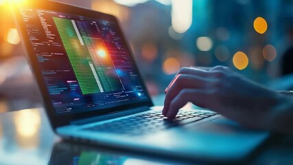Poster - A person is typing on a laptop with colorful code and data visualizations on the screen, set in a vibrant, modern environment.