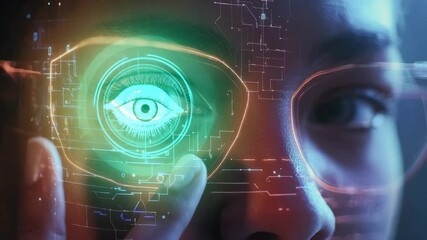 Fototapete - A close-up of a person’s face with digital circuit overlays, emphasizing technology and human-computer interaction.