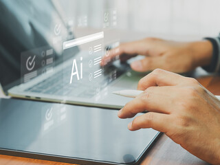 Wall Mural - a person using digital pen on tablet with laptop and ai interface, technology concept showing futuri