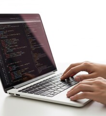 close-up of a programmer’s hands typing code on a laptop keyboard, highlighting finger movement and 