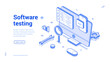 © provectors - Isometric line banner that highlights software testing tools including a computer screen, mobile device, and various icons.