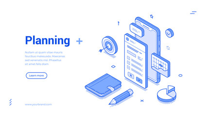 Wall Mural - Isometric line illustration showcases various planning elements, including a smartphone, checklist, calendar, and other tools essential for effective organization and time management.