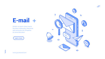 Wall Mural - graphic representation of email communication featuring an isometric design. elements include a phon