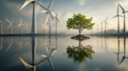 Aufkleber - Solitary tree stands on small island surrounded by water, with wind turbines in background, symbolizing harmony between nature and renewable energy