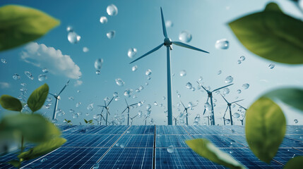 Aufkleber - Field of wind turbines and solar panels under clear blue sky, surrounded by green leaves and water droplets, symbolizes renewable energy and green technologies