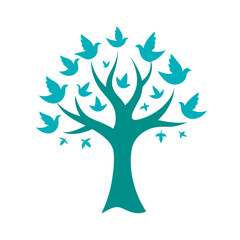 tree with flock of doves taking off