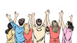 © Michael - A group of happy people with their hands raised in the air settled in a circle. Vector illustration drawn by hand.