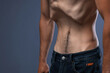 © New Africa - Man suffering from anorexia on grey background, closeup. Space for text
