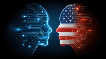Leinwandbilder - AI and USA flag Digital head profiles facing each other circuit board design