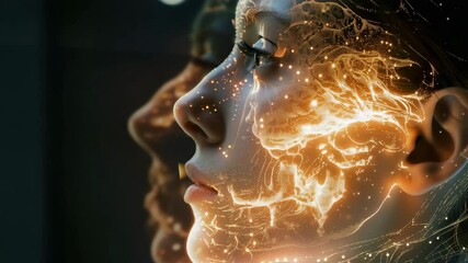 Poster - Mesmerizing digital art blending human features with vibrant light patterns in a modern creative space