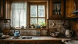 © habib - A rustic kitchen featuring wooden cabinets, a vintage ceramic teapot on the stove, and a quaint lace curtain on the window.