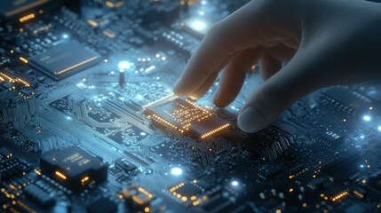 A hand gently touches a processor on a circuit board