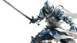 © Toko - A dynamic digital rendering of a knight in gleaming silver armor, mid-leap, wielding a long sword, against a stark white background.  The knight's pose suggests