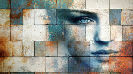 Wall Mural - artistic representation of a female face merging with textured wall background