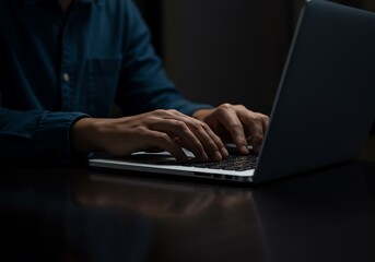 man typing on laptop computer in dark room night