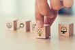 © Parradee - Design Thinking Process concept. Wooden blocks with icons; the key stages of the design thinking process, a solution-focused, problem-solving methodology used for innovation and strategic development.