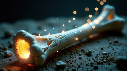 Wall Mural - Bone is lit up with a light inside of it. The bone is on a rocky surface