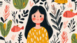 © nattapon98 - Whimsical illustration of girl with long black hair surrounded by colorful fish and various leaves in playful style