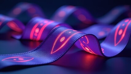 Wall Mural - Purple ribbon with a red eye on it. The ribbon is curled up and has a shiny, metallic look to it