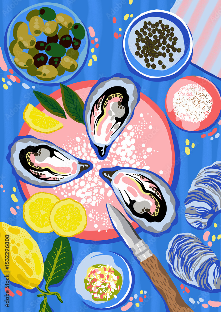 Mediterranean Still Life with Oysters, Olives and Blue Table Setting