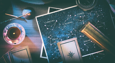 Wall Mural - Esoteric astrological background detail with map with constellations and objects