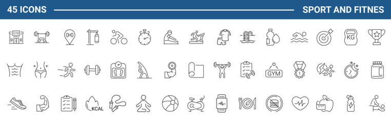 Sport and Fitness set of web icons in line style. Gym and health care. Healthy lifestyle icons. Nutrition and dieting, training, body care, healthy food, workout, muscle, and weight. Editable Stroke