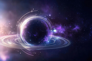 Aufkleber - Futuristic planet with glowing rings in vibrant purple galaxy, cosmic energy and stardust swirling around