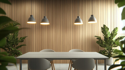 Poster - Modern dining room with wooden wall, pendant lights, white table, chairs, and green plants, creating cozy atmosphere