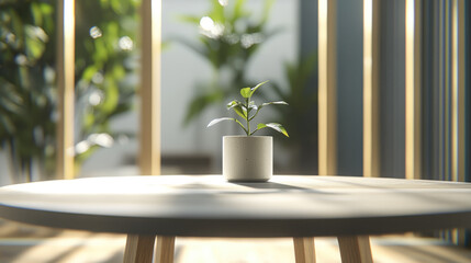 Poster - Minimalist table with small potted plant, sunlight streaming, modern interior, green foliage, peaceful mood
