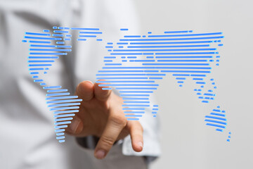 Aufkleber - Hand interacting with a digital world map, representing global connectivity and networking.