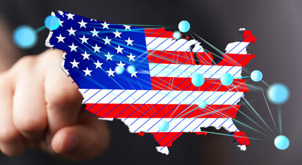 Poster - Connecting America: Digital network map overlay on US flag. Technology, connectivity, and nationwide infrastructure concept.