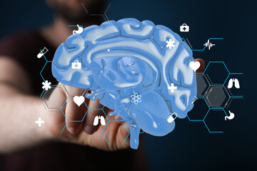 Leinwandbilder - 3D model of human brain with medical icons.  Concept for healthcare, neuroscience, AI.