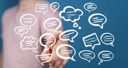 Aufkleber - Person interacting with floating speech bubbles, representing communication, ideas, and social media.