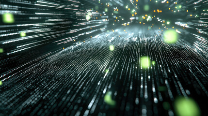 Fototapete - Abstract digital background with glowing LED light shapes, green particles, and dynamic motion effect