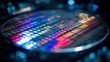 © Ivan - A vibrant semiconductor wafer is placed under specialized lighting, revealing intricate and colorful microchip designs. This setting displays advanced technology used in electronics manufacturing