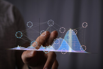 Poster - Hand interacting with a holographic graph. Data analysis, business intelligence, technology concept.