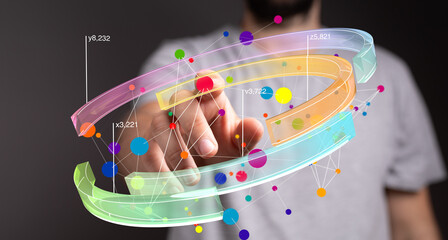 Aufkleber - Abstract image of a hand interacting with a 3D data visualization.  Perfect for tech, AI, or big data concepts.