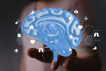 Aufkleber - 3D brain model with medical icons.  Neurology, healthcare, technology.