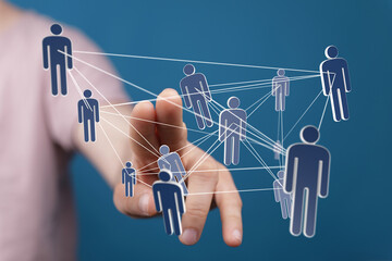Aufkleber - Image of a hand interacting with a network of interconnected people, symbolizing global connection and teamwork.