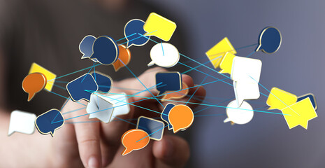 Aufkleber - Hand interacting with a network of speech bubbles, symbolizing global communication and interconnectedness.