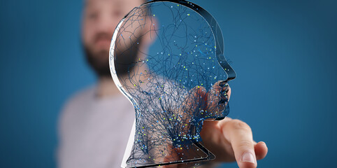 Aufkleber - Abstract image of a man interacting with a digital representation of a neural network, symbolizing AI, technology, and human connection.