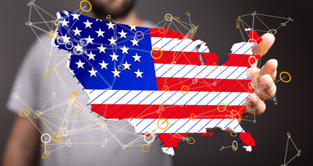 Aufkleber - Abstract image of a US map with network connections.  Patriotic digital technology concept.