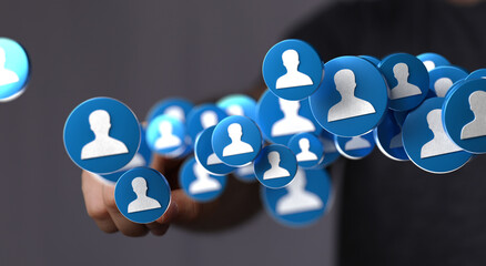 Aufkleber - Abstract image of a hand interacting with numerous blue profile icons, representing social media connections and networking.