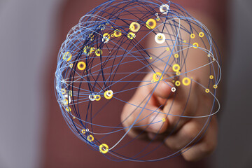 Aufkleber - Abstract image of a hand interacting with a digital network sphere.  Represents connection, technology, and global communication.