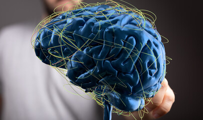 Leinwandbilder - 3D rendering of human brain with complex neural network connections.  Ideal for medical, science, and technology concepts.