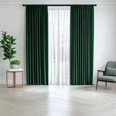 Poster - Emerald green velvet curtain, white sheer curtain, modern living room, indoor plant, wooden chair, bright natural light