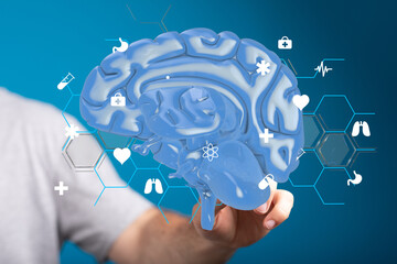 Aufkleber - 3D model of human brain with medical icons.  Perfect for healthcare, neurology, and medical concepts.