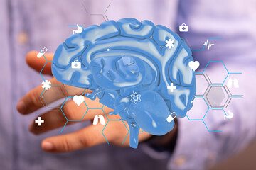 Aufkleber - 3D model of human brain with medical icons. Healthcare, neurology, science.