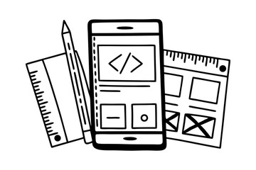 simple flat illustration of mobile app development process with code and design