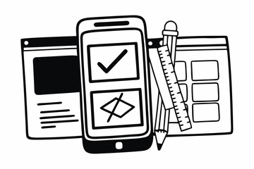 simple flat illustration of mobile app development process with code and design